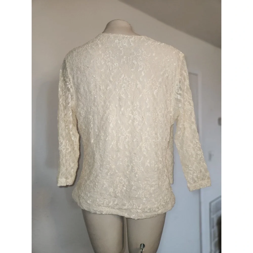 Coldwater Creek Cream Lace Wrap Blouse Ruched 3/4 Sleeve L Ivory Surplice Top